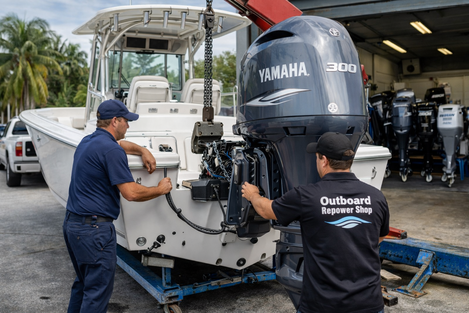 Outboard motor installation at boat shop